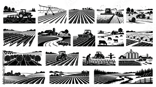Retro Woodcut Black  White Agriculture Farm Scenes Collection