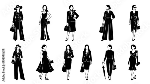 Stylish Women Business Fashion Lifestyle Outfits Vector Silhouette Icons Set