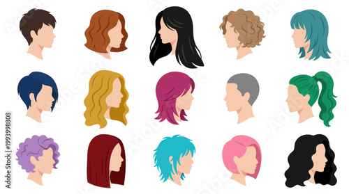 Flat Vector Collection of Diverse People Head Profiles and Hairstyles for Beauty  Fashion