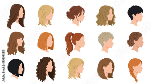 Diverse Hairstyles Vector Set, Flat Illustration, Female, Male