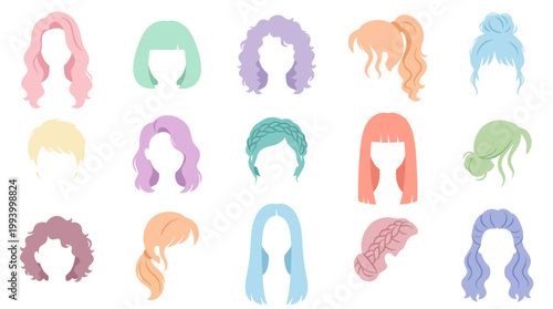 Flat Design Anime Hairstyles Collection, Vector Icons