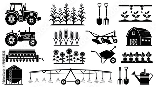 Black and White Farm Agriculture Icons - Tractors, Crops, Barn, Tools, Irrigation