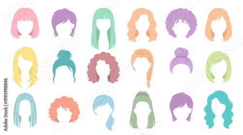 Flat Design Colorful Cartoon Hairstyles Vector Icons Set