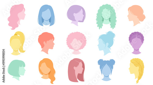 Diverse Women Hairstyles Flat Vector Silhouettes Set