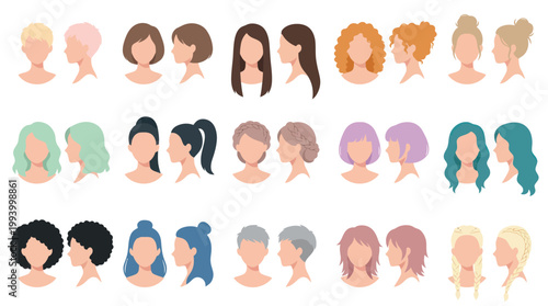 Beauty Fashion Lifestyle: Flat Vector Illustration of Diverse Female and Male Hairstyles