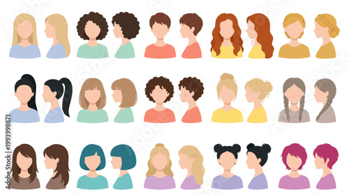 Flat Design Avatars of Women's Hairstyles and Faces, Diverse Characters