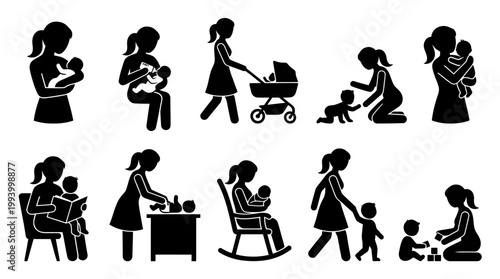 Motherhood Silhouette Icons: Family, Baby Care, Parenting, Lifestyle