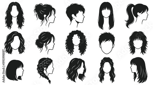 Diverse Hair Styles Black and White Silhouette Vector Icons for Beauty and Fashion Design