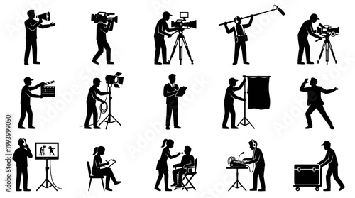 Filmmaking Production Crew Glyph Silhouettes - Movie and Video Industry Icons