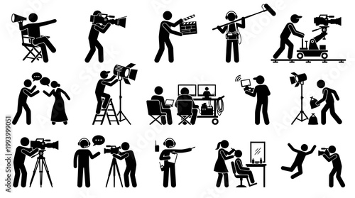 Film Production Crew Stick Figure Glyph Icons Set. Movie Making, Cinema  Video Production Silhouettes