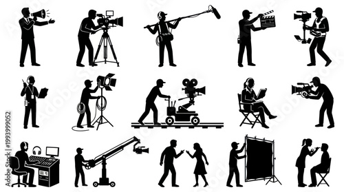 Filmmaking Set: Silhouettes of Crew and Equipment in Black and White