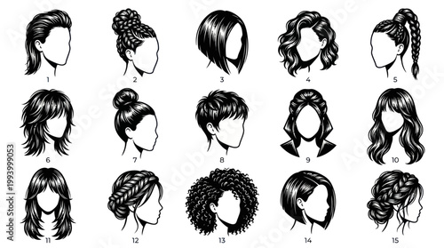 Black and White Line Art of 15 Diverse Female Hairstyles