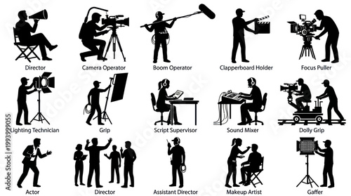 Movie Film Production Crew Roles and Equipment Silhouette Icons