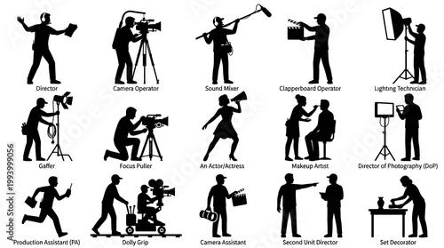 Film Crew Silhouettes: Industry  Roles, Black  White Vector
