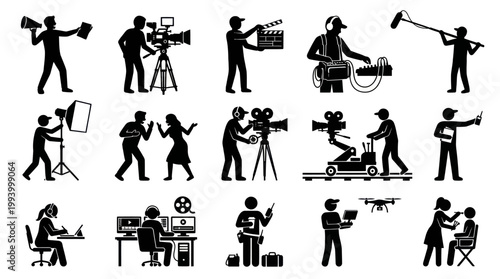 Filmmaking Production Crew and Equipment Glyph Icons Pictogram Set