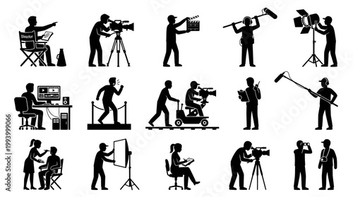 Filmmaking Crew Silhouettes: Director, Cameraman, Sound, Lighting, Editing, Makeup