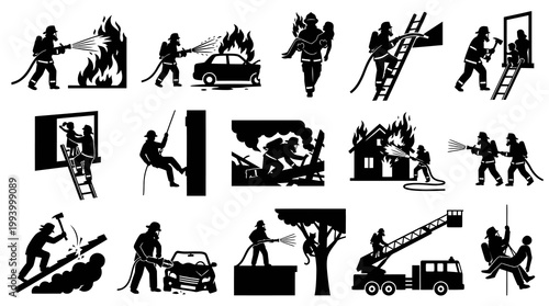 Firefighter and Fire Rescue Emergency Service Silhouette Glyphs Vector Icon Set