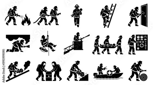 Firefighter Icon Set: Rescue, Danger, Safety, Professions, Black  White Vector Art