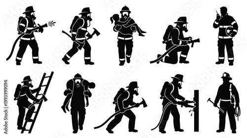 Firefighting Emergency Services Black  White Silhouette Icons Set