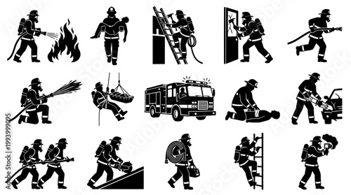 Firefighting and Rescue Worker Silhouette Glyph Icon Set - Emergency Services