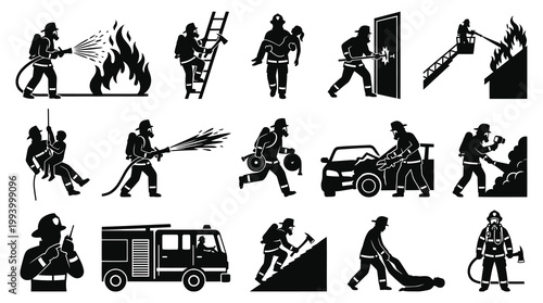 Firefighter Icons: Rescue, Action, Firefighting, Vector Graphics, Black  White