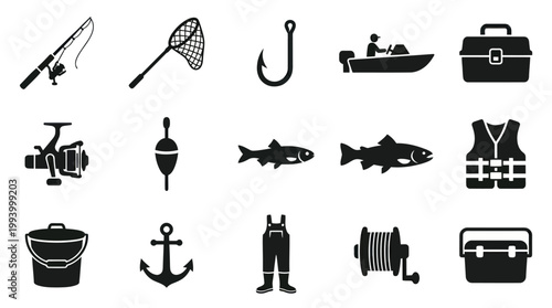 Fishing Gear Solid Icon Set: Black  White Glyph Vector for Outdoor Recreation