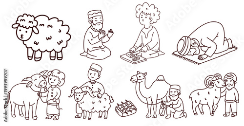 Muslim people interacting with animals for qurban