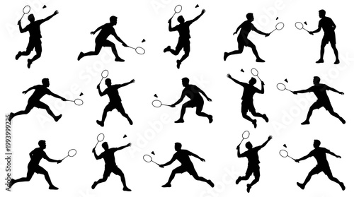 Silhouette Badminton Players, Dynamic Poses, Sport Icon Set, Vector