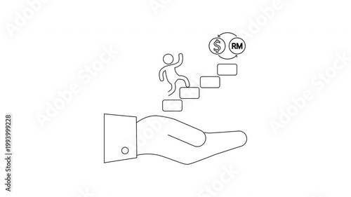 Hand holding stairs with person climbing towards money symbol.