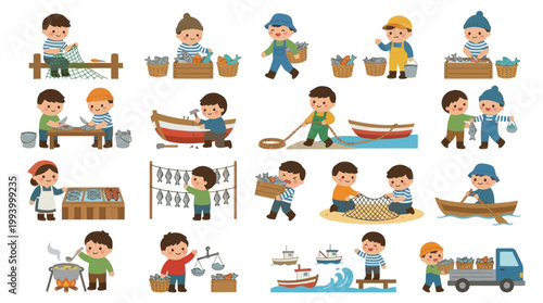 Fishermen  Fishing Industry Activities Flat Cartoon Vector Set