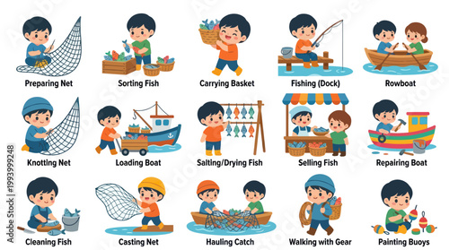 Cute Kids Fishermen Fishing Process Flat Vector Illustration Set