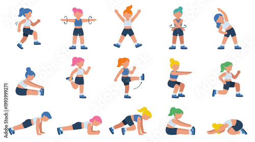 Kids Exercising Flat Design Vector Icons
