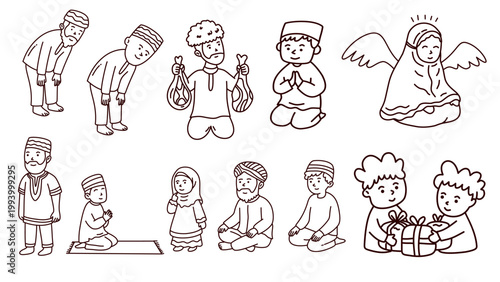 Muslim characters in prayer and festive poses