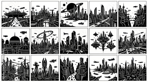 Futuristic Cityscape Black and White Line Art - Future Technology Vector