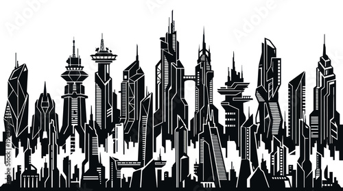 Futuristic City Skyline Black and White Line Art