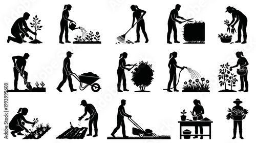 Gardening Activities Silhouettes Vector Icon Set - People, Plants  Tools - Horticulture Glyphs
