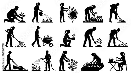 Gardening Silhouettes: People Planting, Watering, Raking, Mowing Lawn, Vector Icons