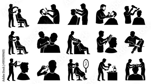 Black  White Glyph Icons of Barbershop Services and Hair Cutting