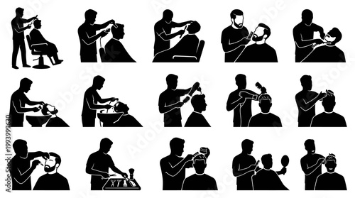 Barber Shop Icons: Haircut, Shave, Styling Black Silhouette Vector Set