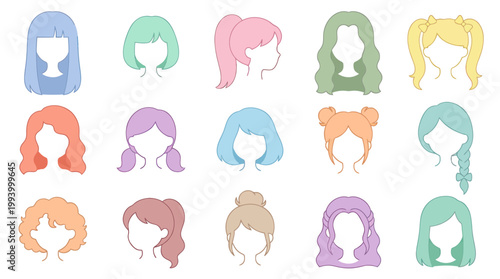Set of 15 Anime Hairstyles in Pastel Colors, Vector Flat Design