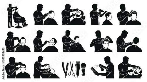 Black and White Barber Shop Icons Set