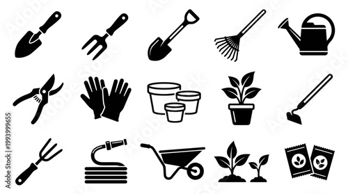 Black  White Glyph Icons for Gardening Tools and Supplies