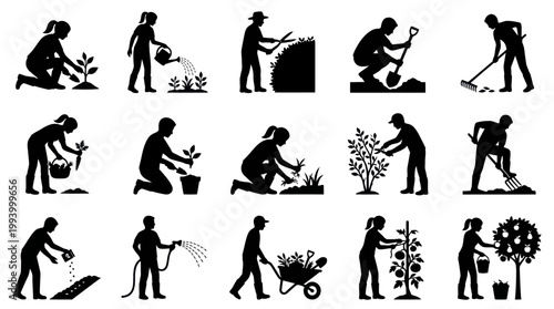 Gardening Silhouettes: People planting, watering, and harvesting plants