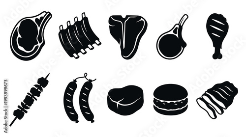 Black  White Meat Cuts and BBQ Glyph Icons - Food and Culinary Vector Set
