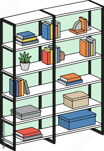 Bookshelf with various books and objects.