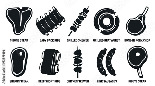 BBQ Grilling Meat Cuts Food Icons Set - Black  White Vector Glyphs  Silhouettes