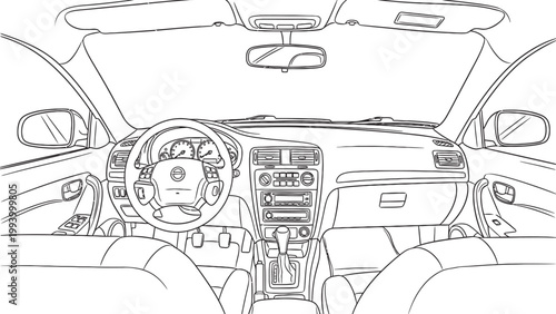 Detailed line drawing of a car dashboard and interior showing controls and features