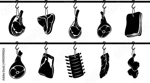 Black and White Vector Icons of Hanging Meat Cuts, Butcher Shop Style