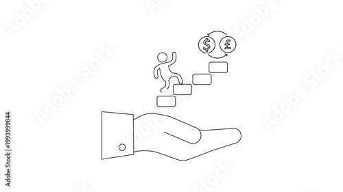 Hand holding stairs with person climbing towards money symbols representing financial growth.