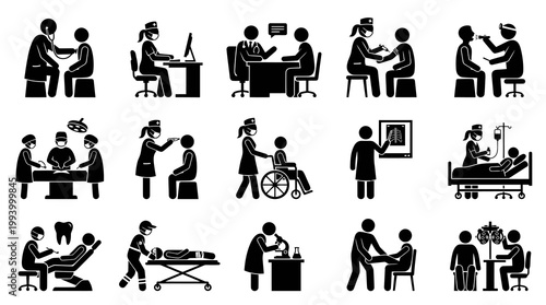 Medical Icons: Doctors, Patients, Hospital, Clinic, Healthcare Black  White